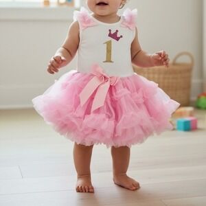Popatu 1st Birthday Tutu Dress Baby Girls 12M White Pink Glitter Crown Ruffle